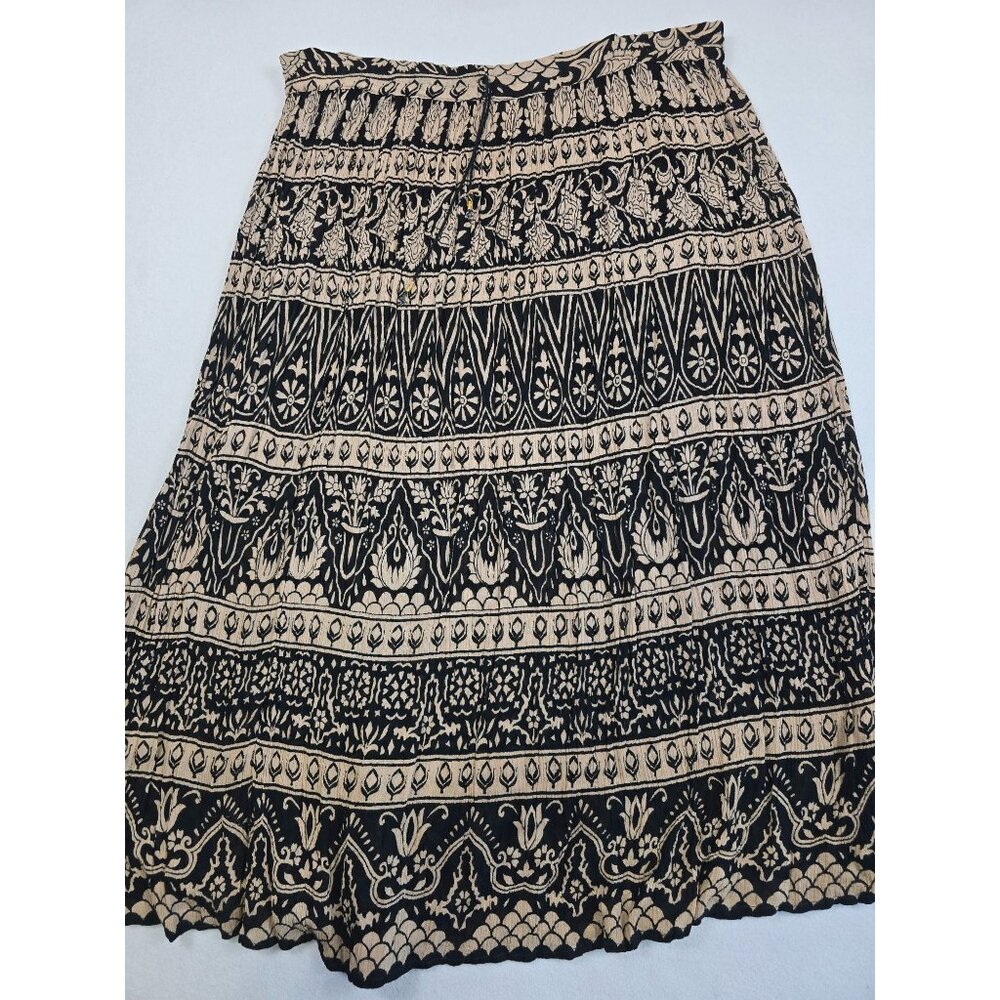 Vintage Patchouli One Size Boho Broomstick Maxi Skirt Black & Beige Indian Print